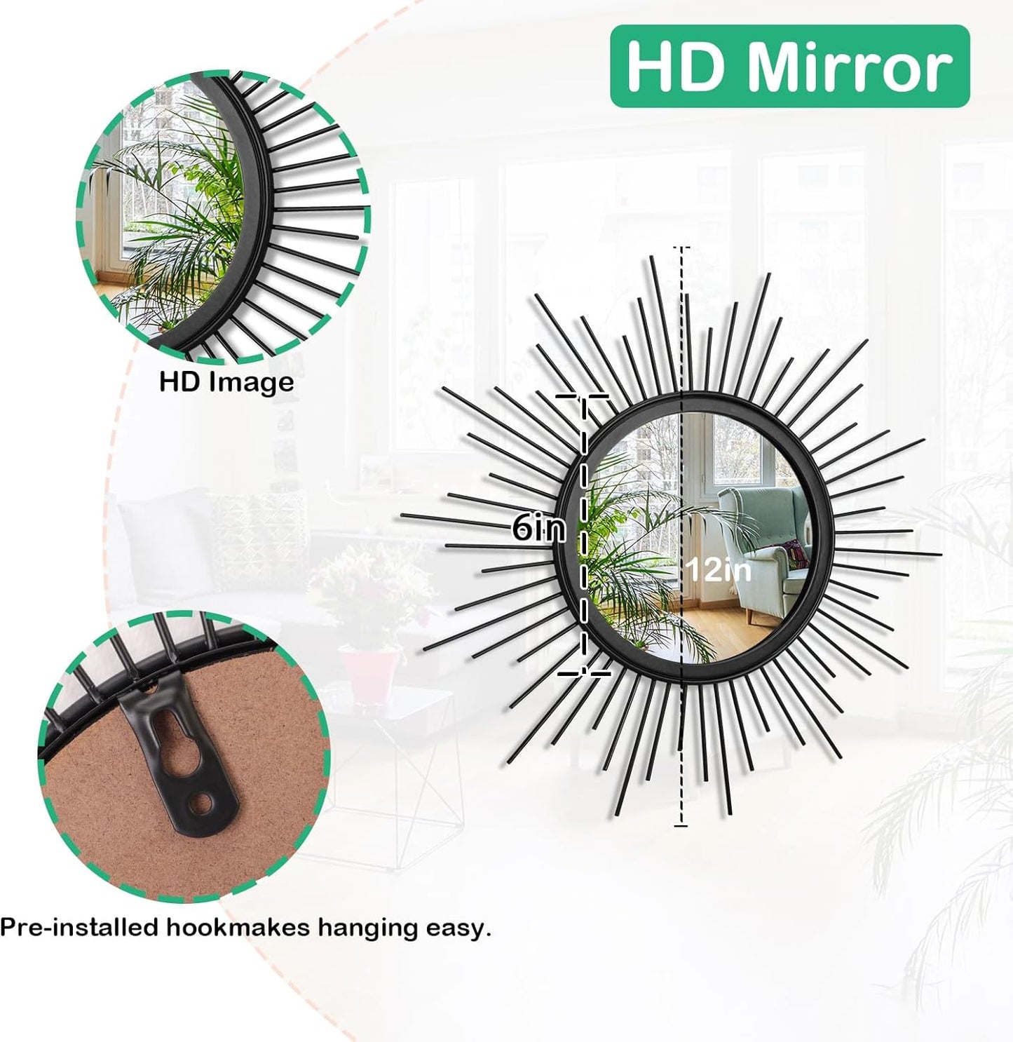 Gold Sunburst Mirrors for Wall Decorative Metal Round Art Mirrors Large Wall Decor Hanging Mirror for Bathroom Bedroom Living Room Vanity Entryway 16"