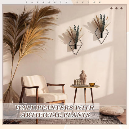 Jexine 4 Pcs Hanging Planters with Artificial Eucalyptus Metal Hanging Vase Indoor Plants Holder Modern Geometric Boho Bathroom Wall Decor for Living Room Home Office(Black)