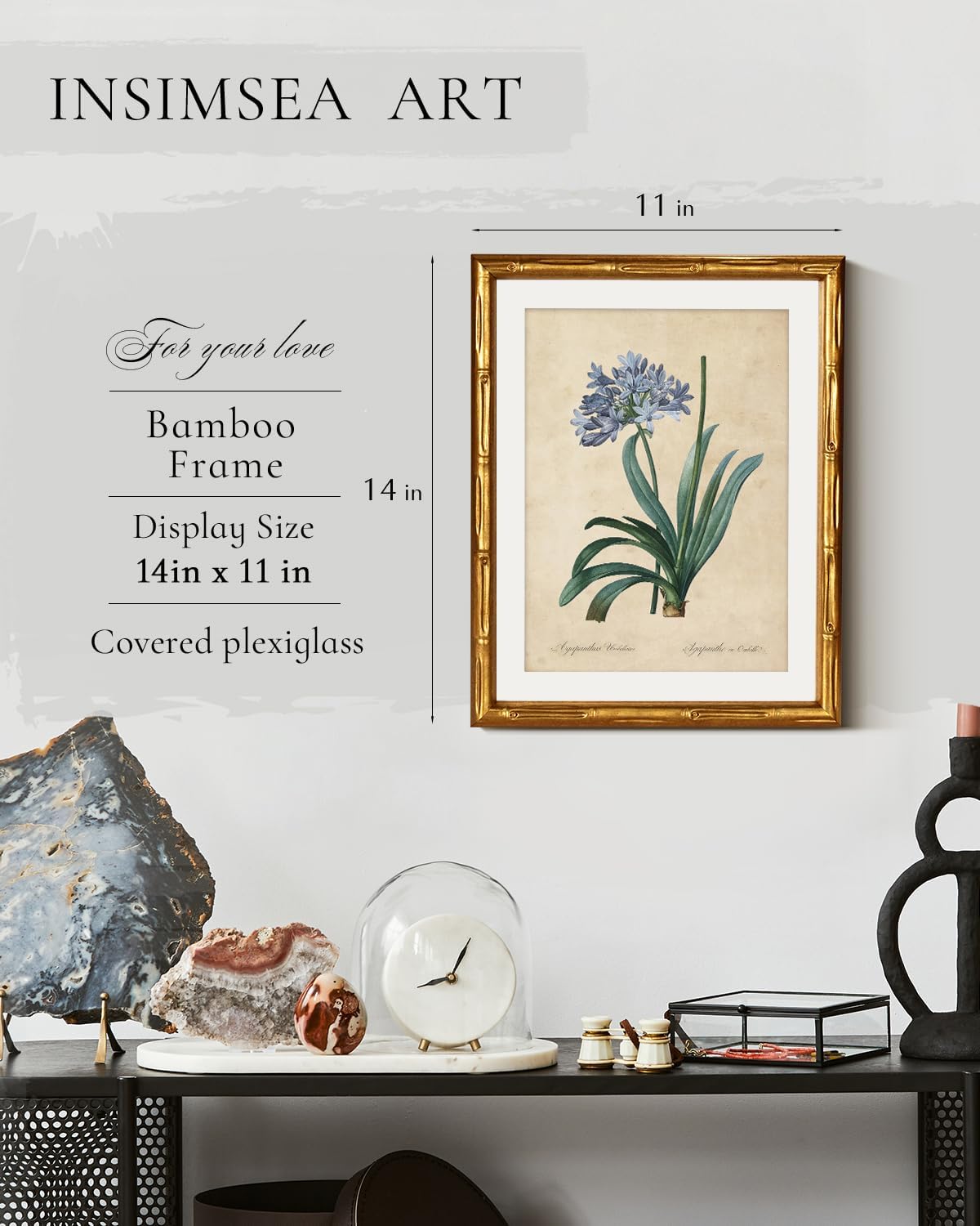InSimSea Gold Bamboo Framed Canvas Wall Art, Retro Blue Hydrangea Botanical Prints, Antique Flowers Picture Frame with Mat, Victorian Home Wall Decor for Kitchen Living Room Bedroom, 11x14inch