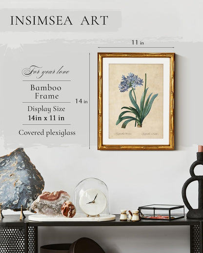 InSimSea Gold Bamboo Framed Canvas Wall Art, Retro Blue Hydrangea Botanical Prints, Antique Flowers Picture Frame with Mat, Victorian Home Wall Decor for Kitchen Living Room Bedroom, 11x14inch