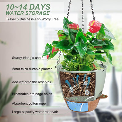 Vanslogreen Hanging Planters for Indoor Outdoor Plants, 2 Pack Self Watering Hanging Pot with Drainage Holes & Removable Tray (Black, 8'')