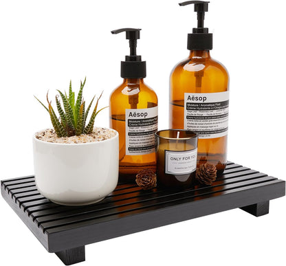 Renawe Farmhouse Bathroom Counter Tray Wood Display Pedesta Stand Kitchen Countertop Trays Decorative Wooden Riser Dish Soap Dispenser Holder for Bathroom Sink Accessories Kitchen Decor Vanity Tray
