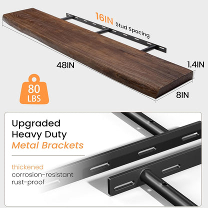 Floating Shelves 36 Inches Long - 8 Inch Deep Rustic Premium Solid Pine Wood for Storage - Farmhouse Wall Mounted for Living Room - Heavy-Duty Metal Bracket - 36" W x 8" D - Set of 2 - White Color