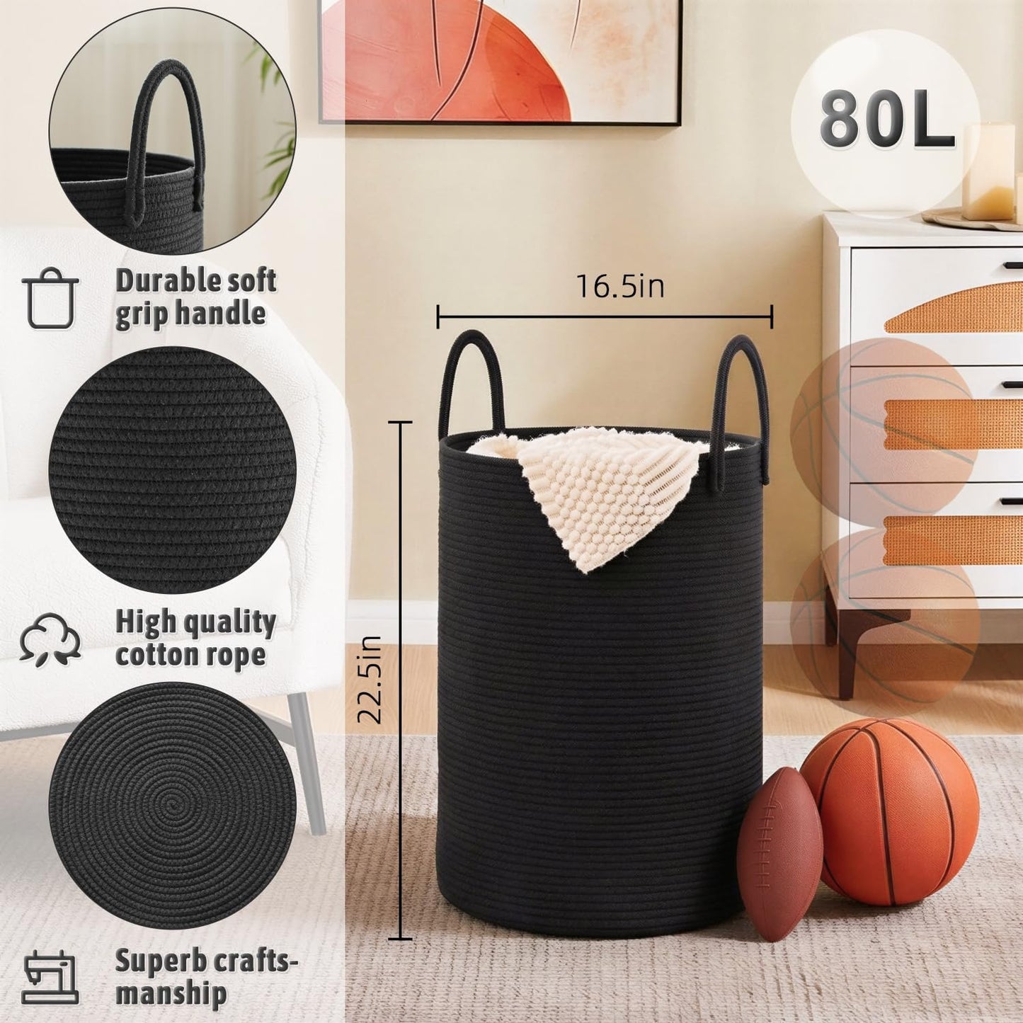Artfeel Laundry Basket,Woven Cotton Rope Laundry Hamper,60L for Decor Storage of Dirty Clothes,Toys and Blankets in Bathroom,Baby Room and Living Room