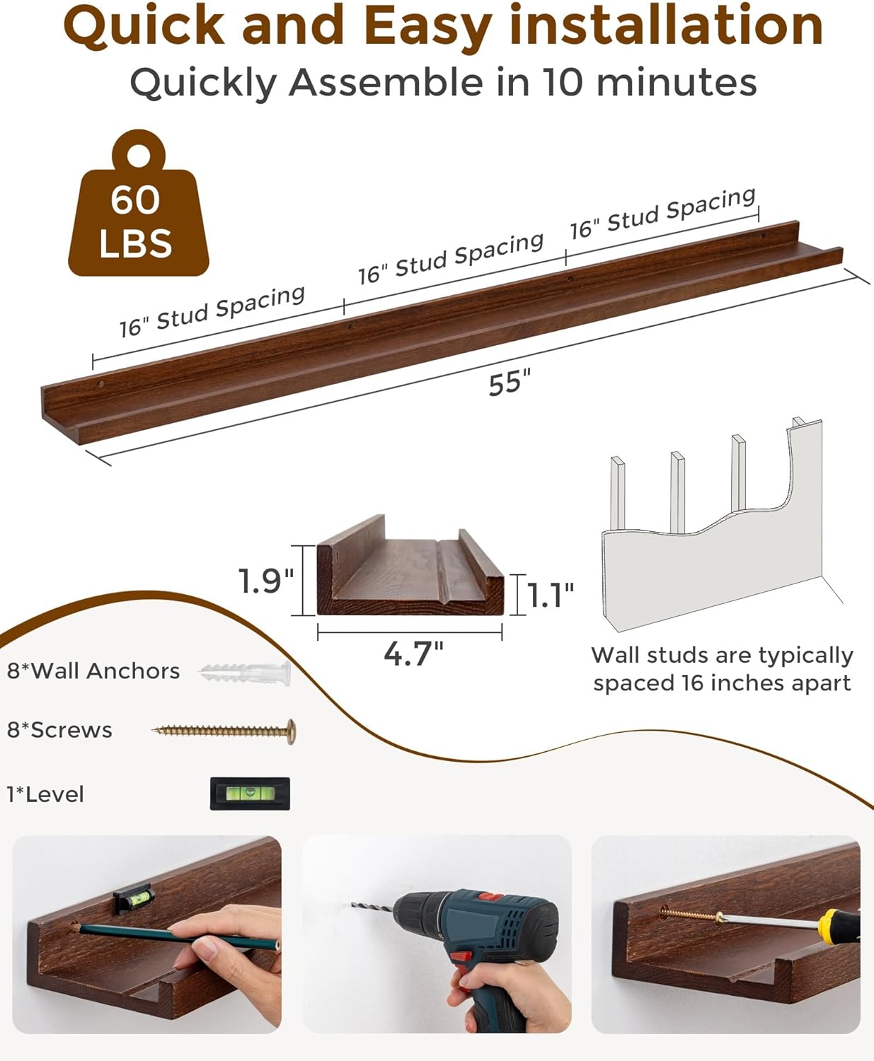 Axeman Oak Picture Ledge Shelf, 48 Inch Floating Shelves Set of 2, Solid Oak Wood Wall Shelves with Lip, Wall Decor Storage for Bedroom Living Room Bathroom Kitchen Nursery Photo Picture, Natural Oak