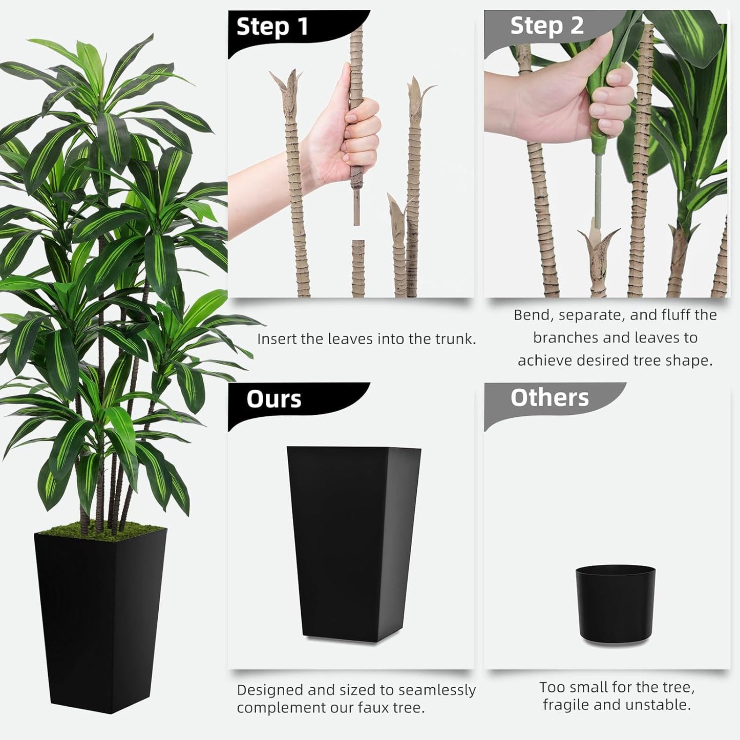 Artificial Dracaena Plant Indoor 5FT - Fake Tree with White Tall Planter - Faux Yucca Tall Fake Floor Plant in Pot - Artificial Trees for Home Office Living Room Decor Indoor