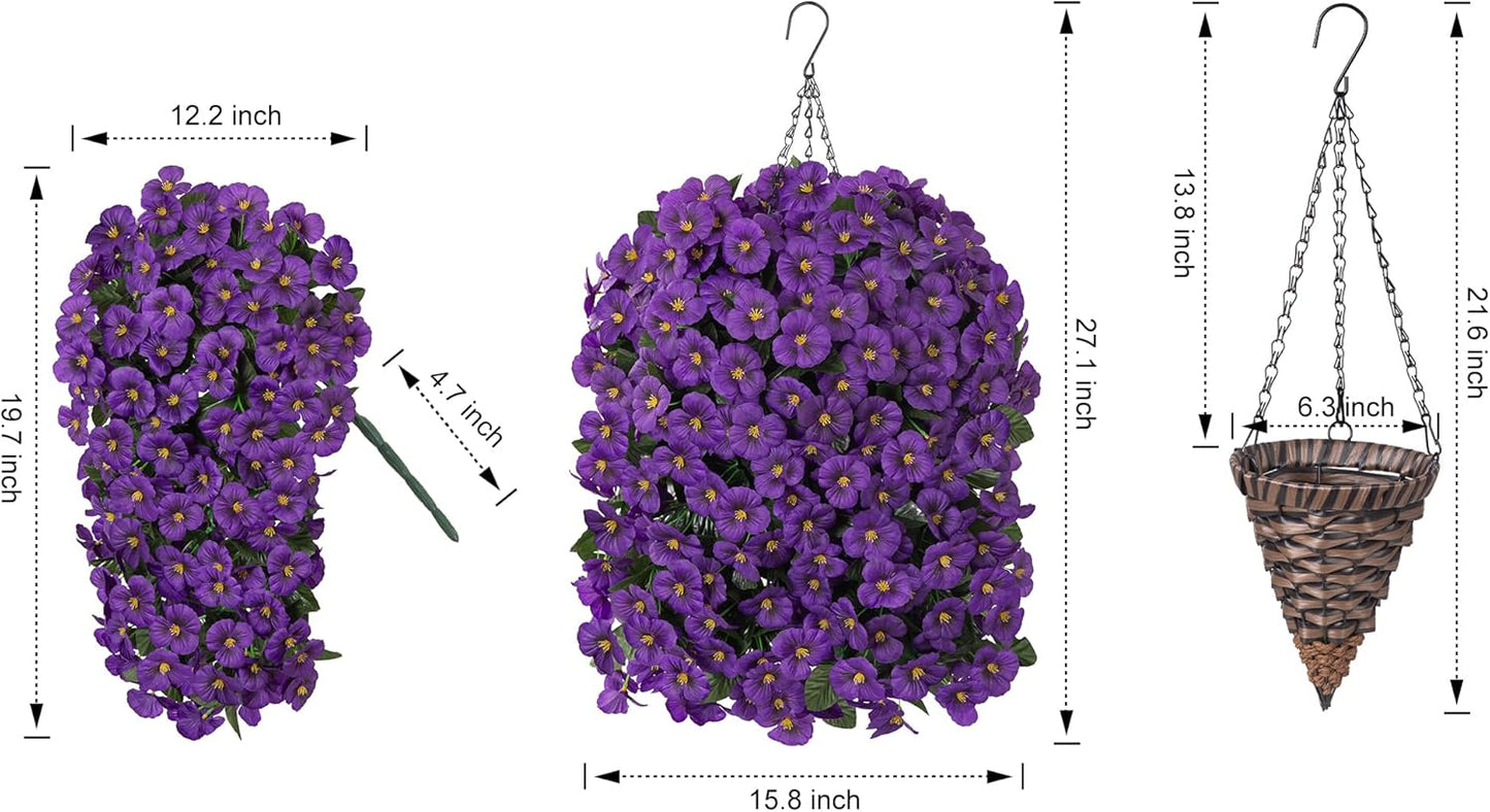 HyeFlora Artificial Flowers for Outdoors, 2pcs Faux Silk Pansies Flowers UV Resistant Fake Hanging Flower Plants for Outside Planters Porch Yard Patio Window Box (Mix Purple)