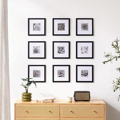 eletecpro 12x12 Picture Frames Set of 9 with Clear Acrylic Cover, Display 8x8 Photos with Mat or 12x12 Without, Classic and Sturdy Square Collage Gallery Wall Decor, Easy Wall Mount, Black