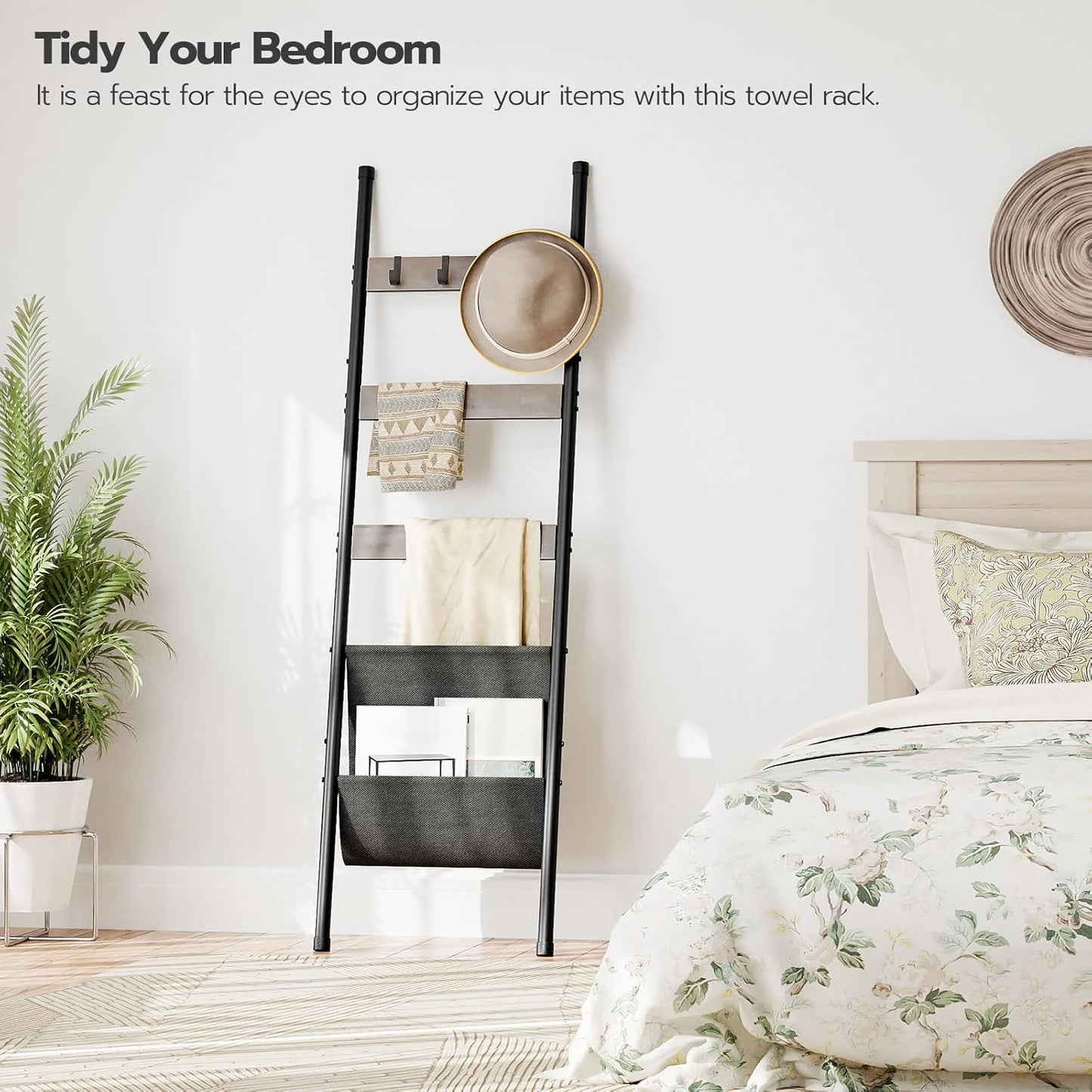 HOOBRO Blanket Ladder, 5 Tier Towel Rack, 17.3" L x 63" H, Wall-Leaning Blanket Rack for Living Room, Decorative Ladder with 4 Hooks and Magazine Pocket, Rustic Brown BF32CJ01