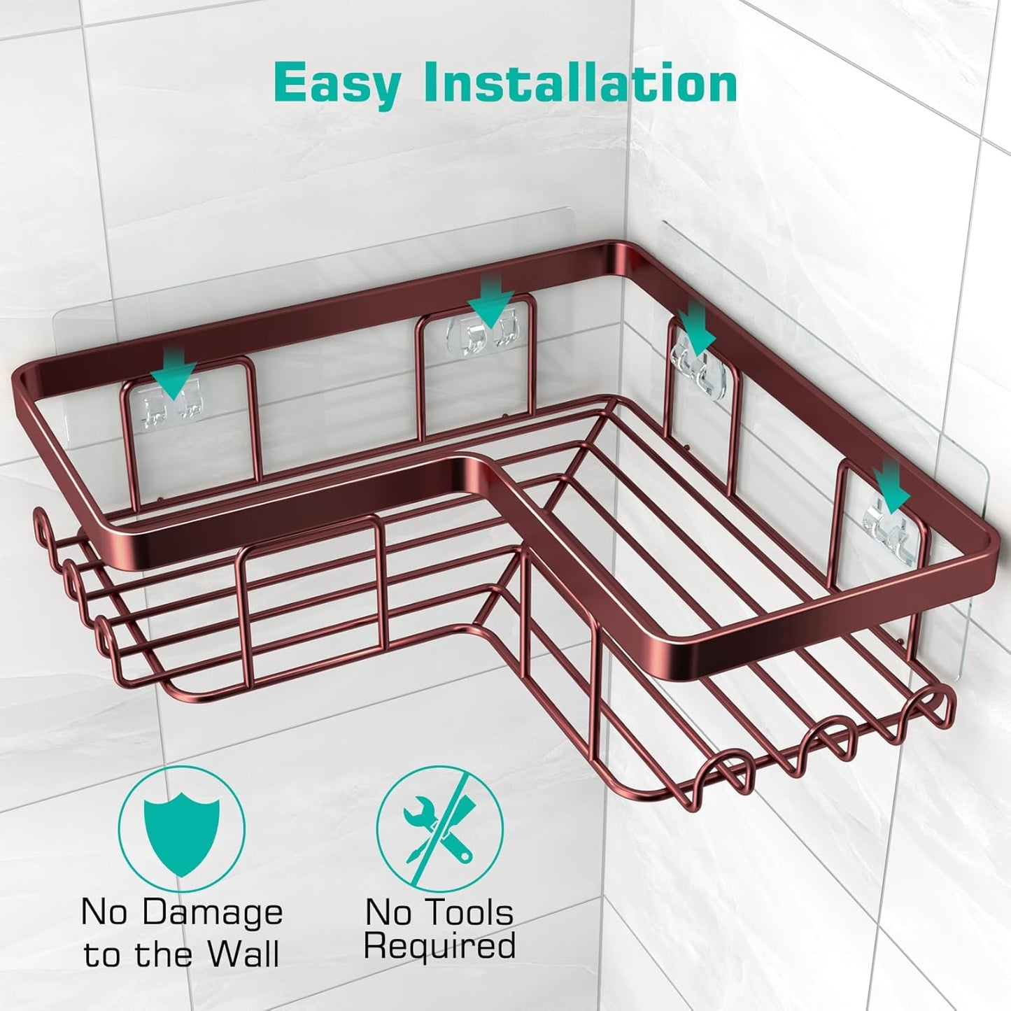 YASONIC Corner Adhesive Shower Caddy, with Soap Holder and 12 Hooks, Rustproof Stainless Steel Bathroom Organizer, No Drilling Wall Mounted Rack, Black, 3-Pack