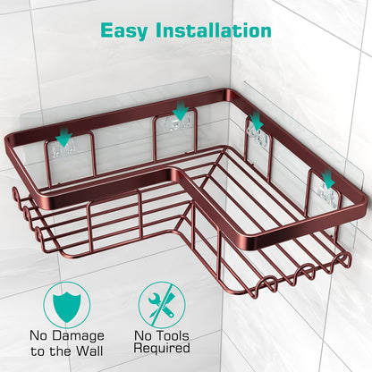 YASONIC Corner Adhesive Shower Caddy, with Soap Holder and 12 Hooks, Rustproof Stainless Steel Bathroom Organizer, No Drilling Wall Mounted Rack, Black, 3-Pack
