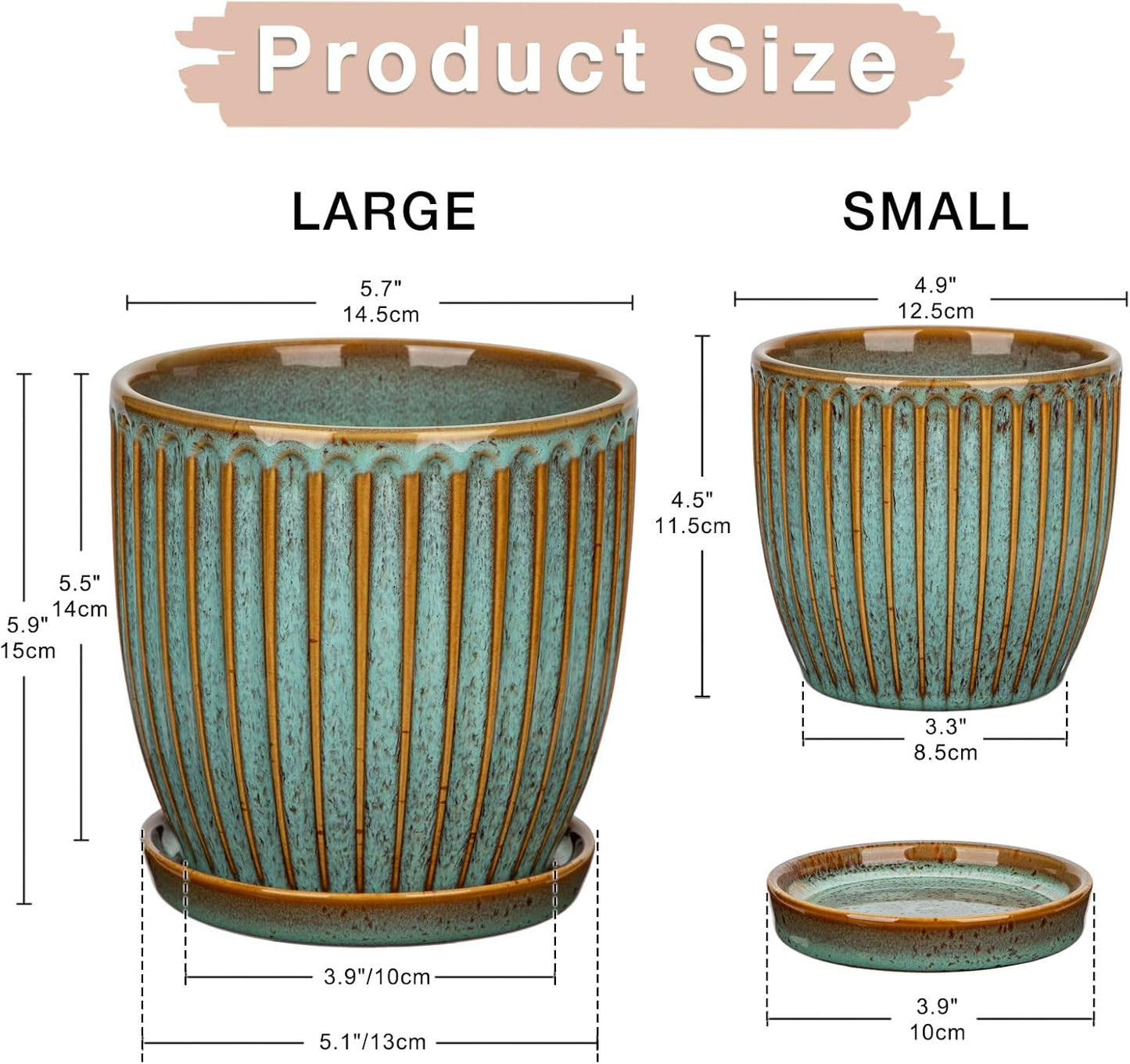 Oairse Ceramic Pots for Indoor Plants, 4.9 +5.7 inch Set of 2 Brown Plant Pots with Drainage Holes and Saucers Texture Ceramic Planters Indoor Outdoor Flower Planters for Succulent