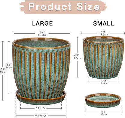 Oairse Ceramic Pots for Indoor Plants, 4.9 +5.7 inch Set of 2 Brown Plant Pots with Drainage Holes and Saucers Texture Ceramic Planters Indoor Outdoor Flower Planters for Succulent