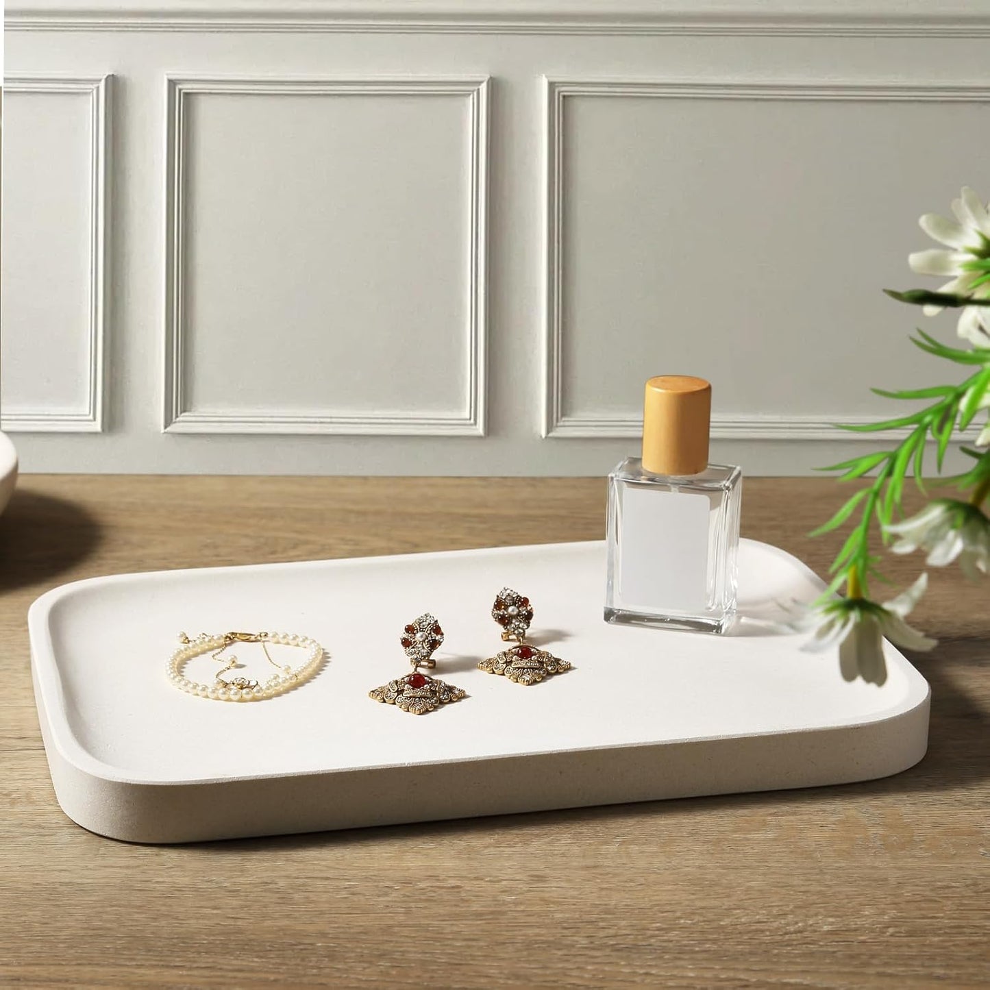 Koville Romano Travertine Tray, 12"x8" Natural Stone Vanity Tray for Countertop Bathroom Kitchen Dresser, Decorative Marble Catchall Trays for Perfume Jewelry, Rectangular Serving Tray(Beige)