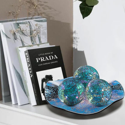 3Pcs Mosaic Glass Orbs Decorative Balls Set 8.5cm/3.35inch Blue Sphere Wedding Party Home Decor Table Centerpiece