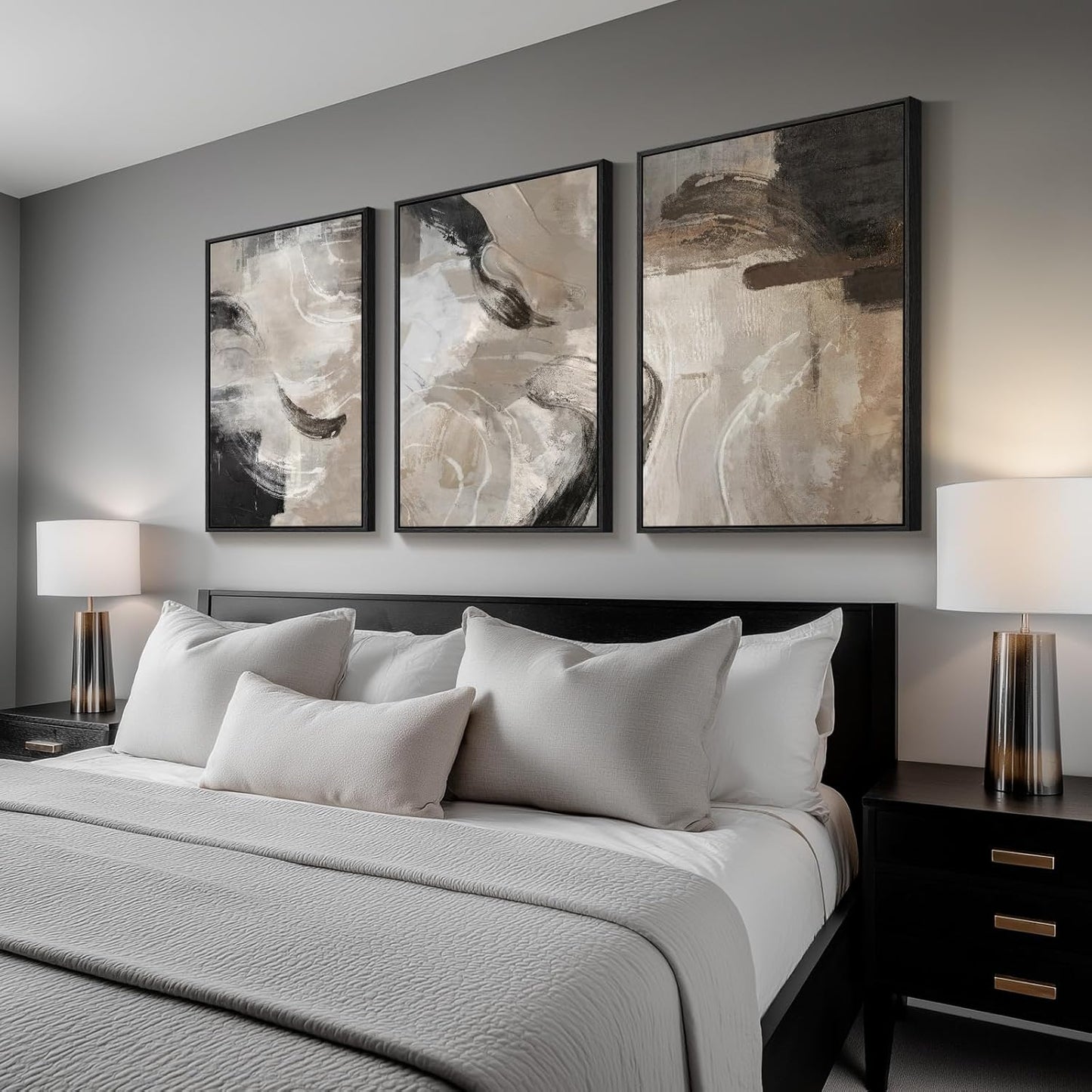 Large Framed Neutral Abstract Wall Art for Living Room, 3 Piece Modern Canvas Prints Paintings Artwork for Walls, Black and Beige Pictures for Living Room Hallway Stair Office Wall Decor 24x36 Inch