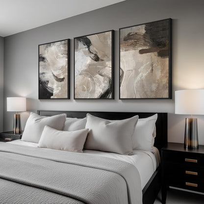 Large Framed Neutral Abstract Wall Art for Living Room, 3 Piece Modern Canvas Prints Paintings Artwork for Walls, Black and Beige Pictures for Living Room Hallway Stair Office Wall Decor 24x36 Inch