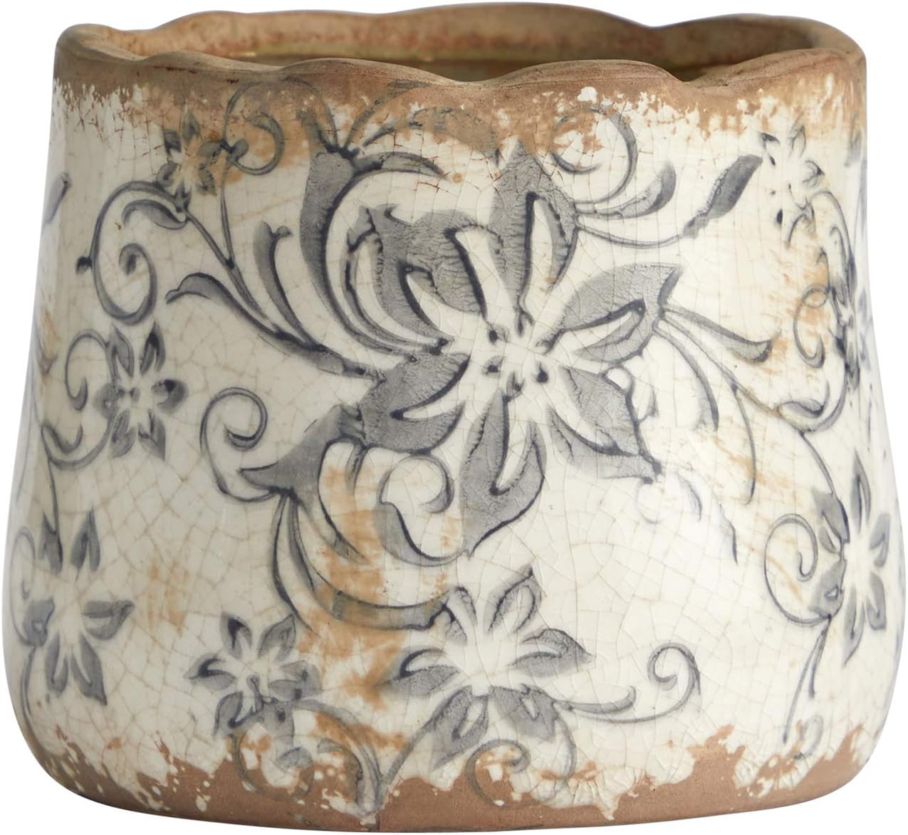 Nearly Natural 7in Ceramic Decorative Planter Tuscan Style Gray Scroll Design for Indoor Home Shelf Table Decor