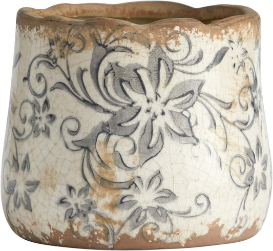 Nearly Natural 7in Ceramic Decorative Planter Tuscan Style Gray Scroll Design for Indoor Home Shelf Table Decor