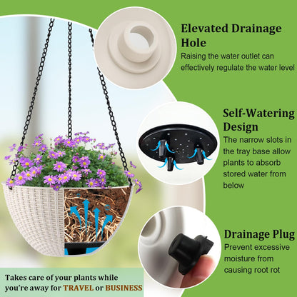 RooTrimmer Hanging Planters for Indoor Outdoor Plants 8 and 10 Inch, 4 Packs Hanging Flower Pot with Drainage Holes, Self-Watering Hanging Basket Perfect for Home, Office and Garden, White