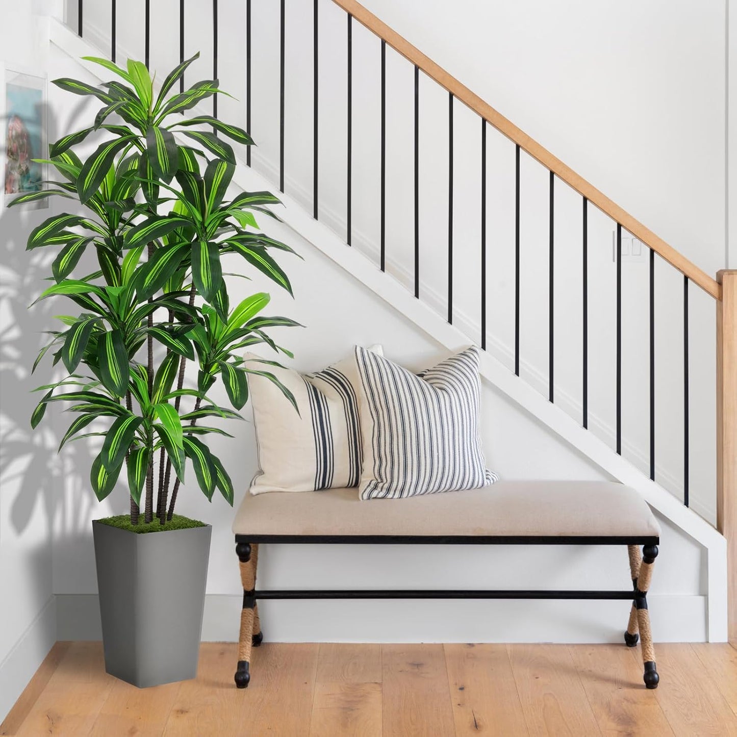 Artificial Dracaena Plant Indoor 5FT - Fake Tree with White Tall Planter - Faux Yucca Tall Fake Floor Plant in Pot - Artificial Trees for Home Office Living Room Decor Indoor