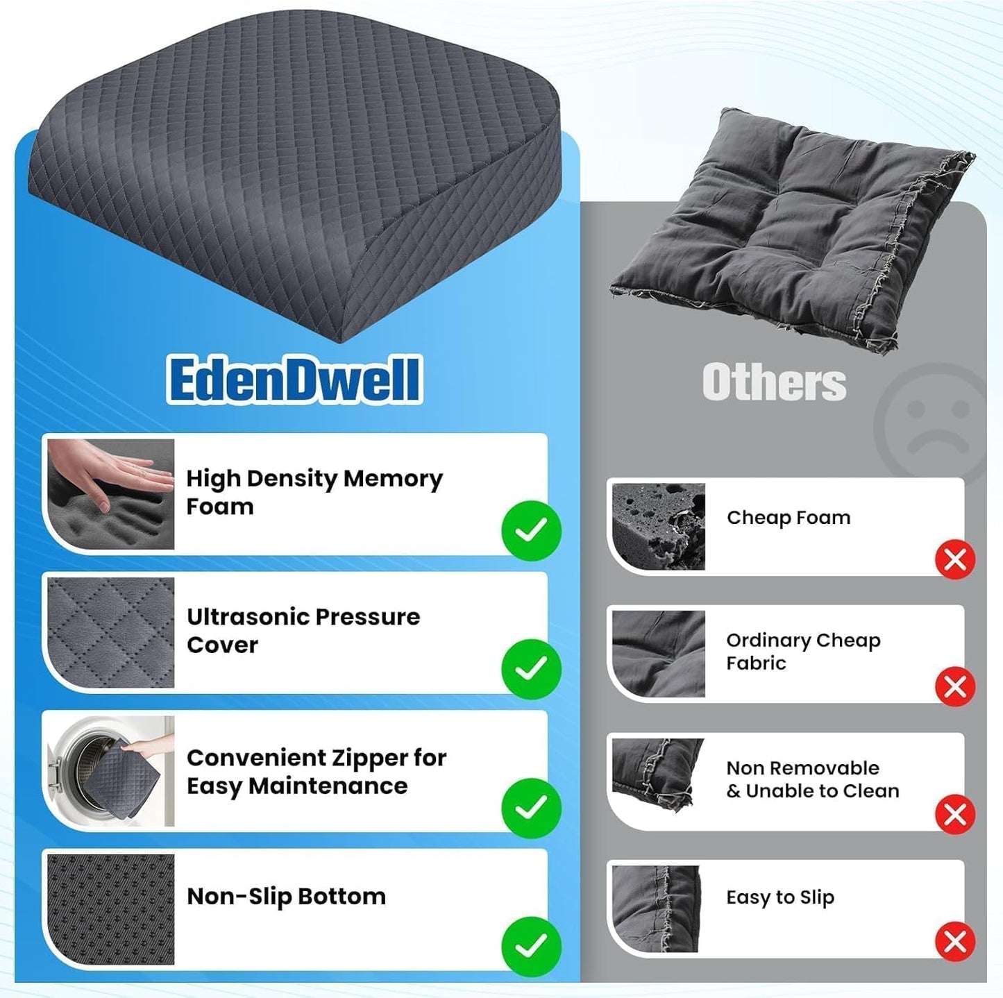 Seat Cushion, Memory Foam Chair Pad for Sciatica & Hip Pain Relief, Non-Slip Cushion for Office, Home, Car, Large Desk Chair Cushion, Washable Cover & Handle, Large, Black