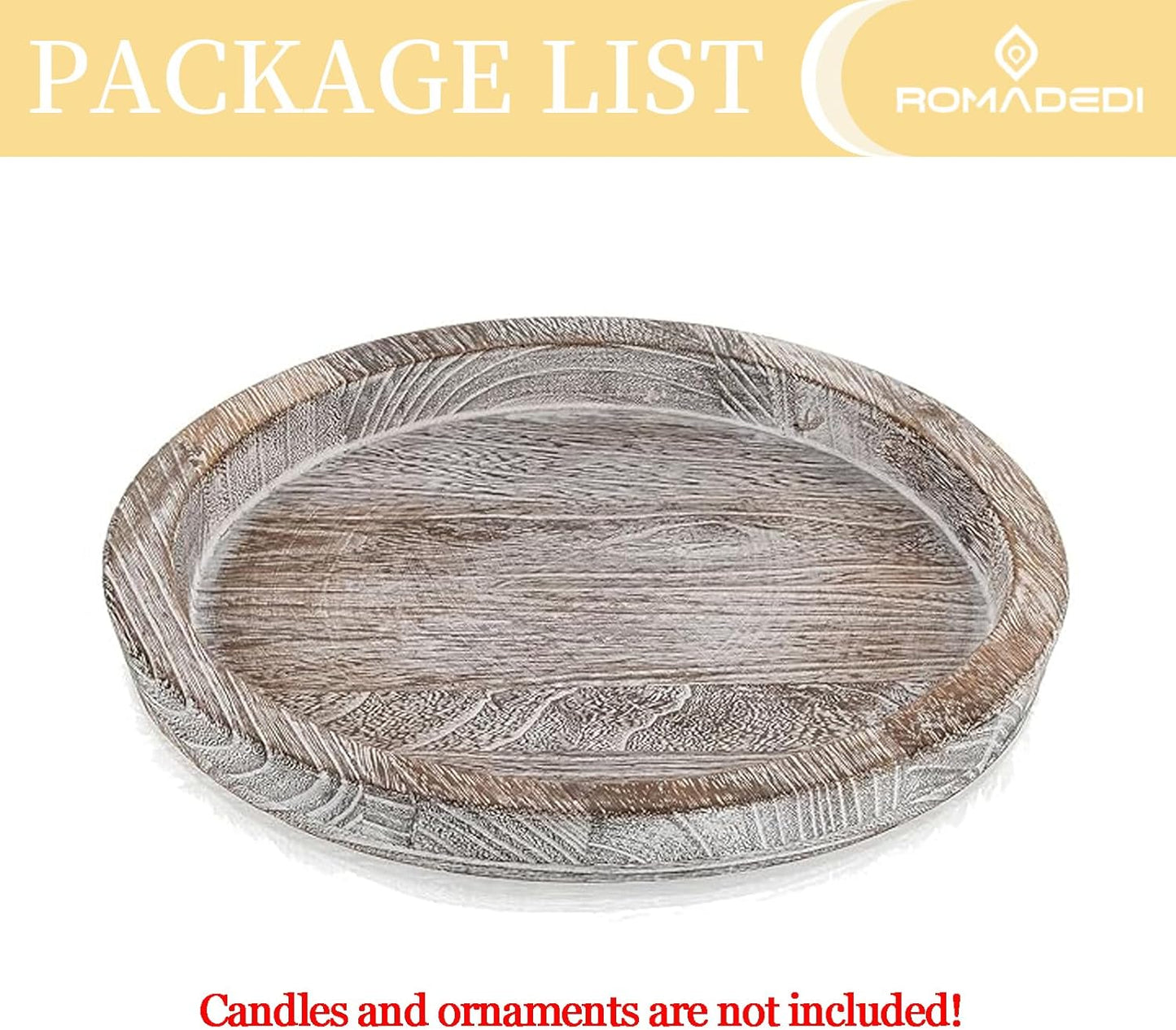 Romadedi Rustic Wooden Tray Candle Holder - Round Wood Decorative Pillar Candle Tray for Coffee Table Farmhouse Kitchen Countertop Organizer Home Decor Wedding Centerpiece, Distressed White