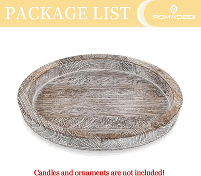 Romadedi Rustic Wooden Tray Candle Holder - Round Wood Decorative Pillar Candle Tray for Coffee Table Farmhouse Kitchen Countertop Organizer Home Decor Wedding Centerpiece, Distressed White
