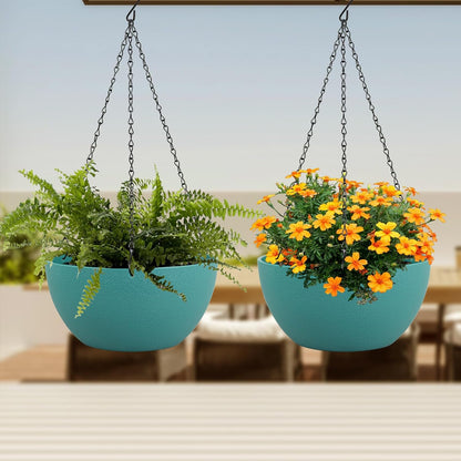 Meowell 10 inch Hanging Planters for Indoor Outdoor Plants, 2 Pack Hanging Flower Pots with Drainage Holes and Chain for Garden Porch, Plastic Hanging Baskets for House Plants, Speckled Grey