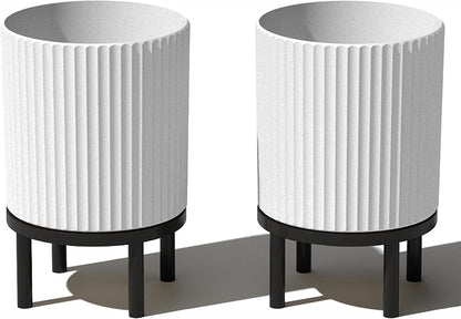 Veradek Demi Series Round Planter w/ Stand for Porch/Patio | Durable Plastic-Concrete & Wooden Stand | Modern Décor for Tall Plants, Flowers