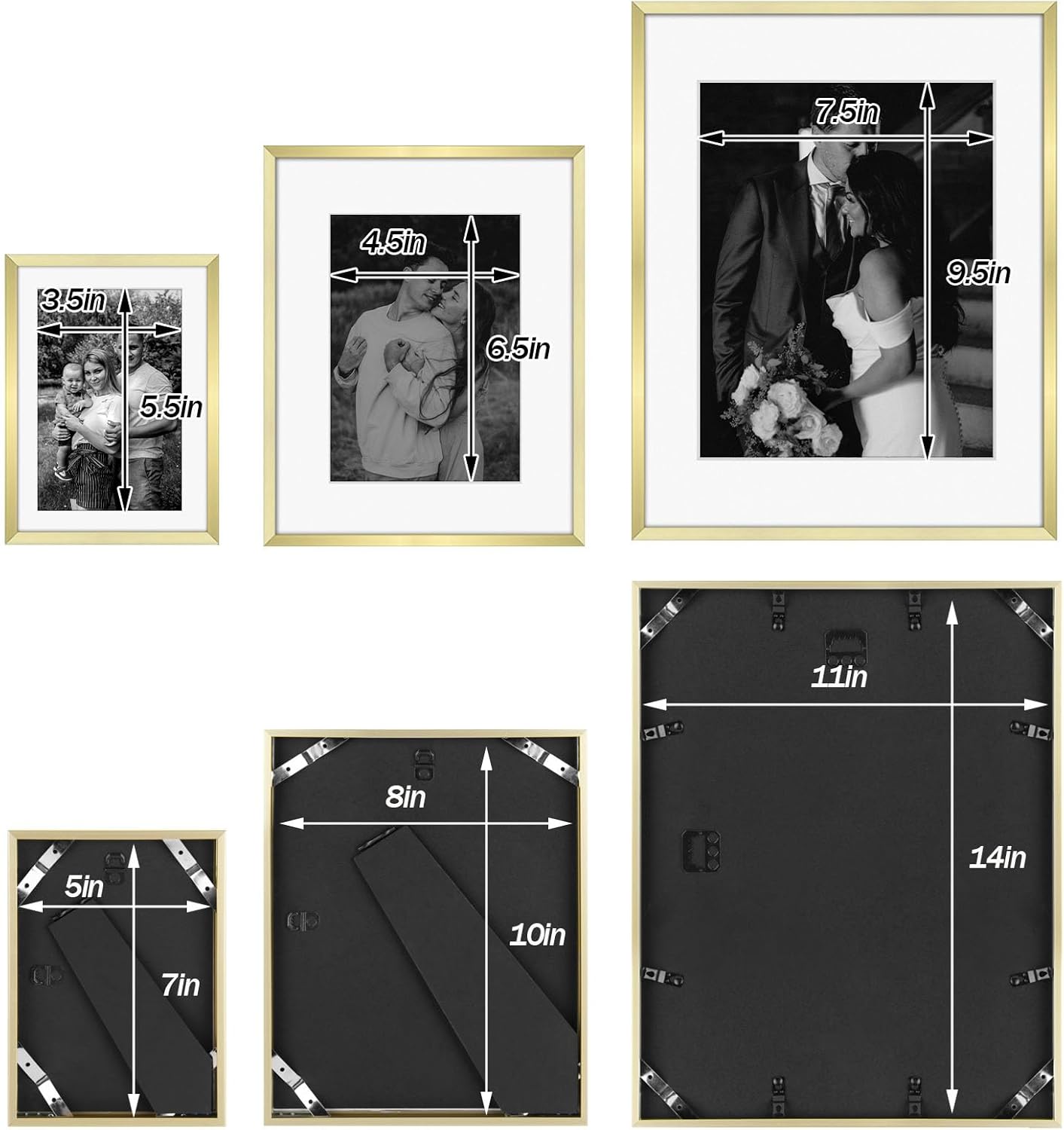 Frametory, Black Aluminum Picture Frame with Removable Mat - Set of 7 Includes Four 5x7, Two 8x10, One 11x14 - Real Glass Front - Simple Gallery Wall Frames for Art Prints and Posters