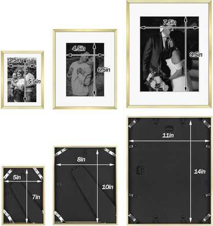 Frametory, Black Aluminum Picture Frame with Removable Mat - Set of 7 Includes Four 5x7, Two 8x10, One 11x14 - Real Glass Front - Simple Gallery Wall Frames for Art Prints and Posters