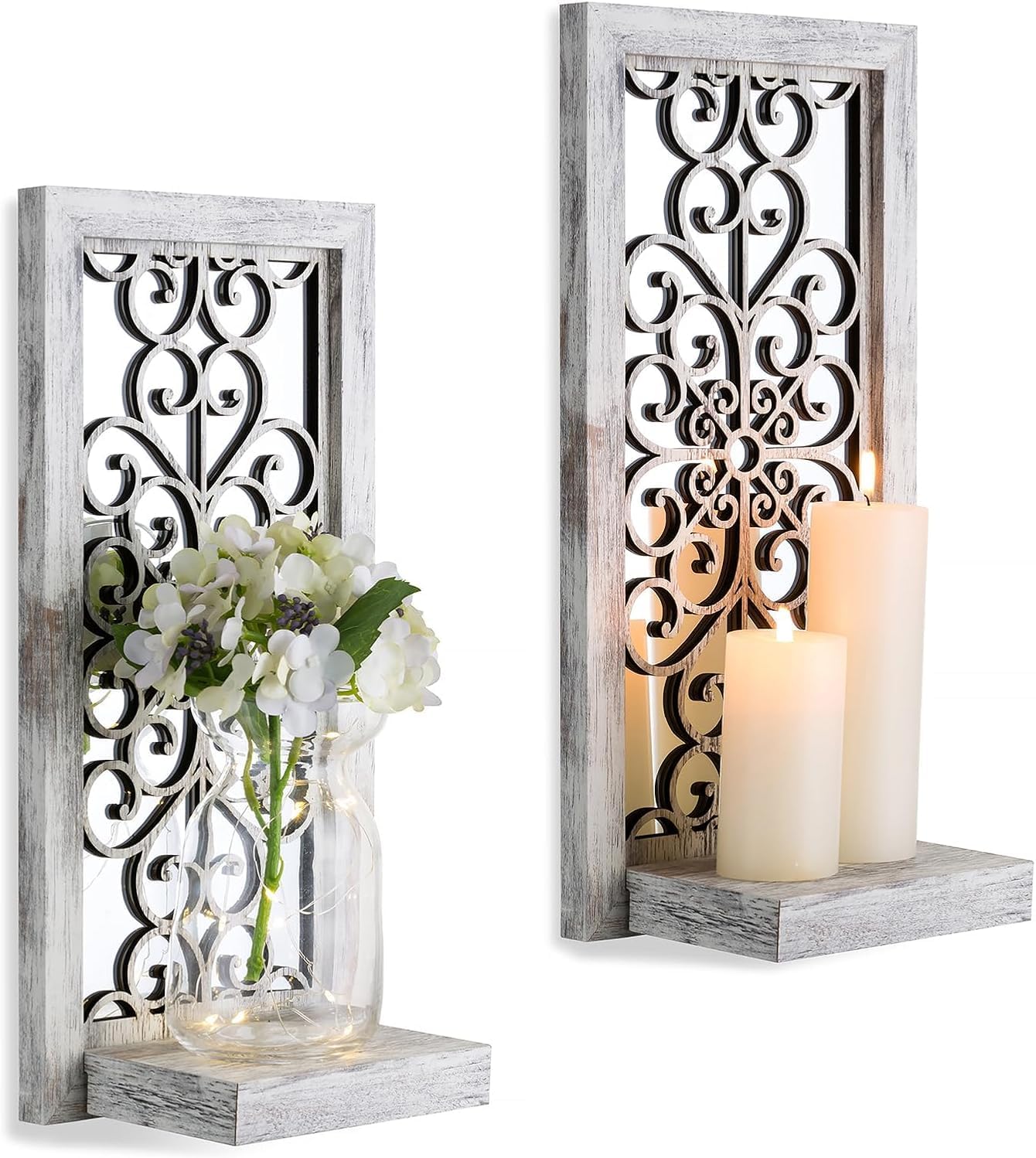 Farmhouse Wall Candle Holder Decor: Rustic Candle Sconces Set of Two for Pillar Candles - Brown Wooden Shelving for Fireplace Bathroom Hallway