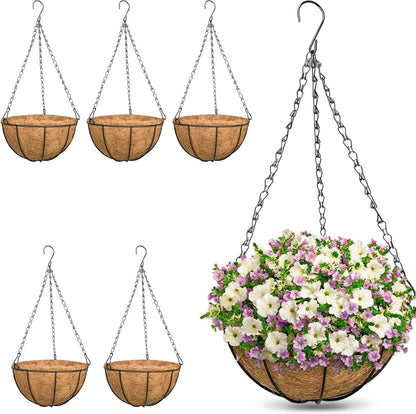 ZeeDix 2 Pack 14 Inch Hanging Baskets for Plants Outdoor, Metal Wire Round Planters with Coco Liner, Hanging Flower Baskets for Home Garden Porch Balcony Railings Decor
