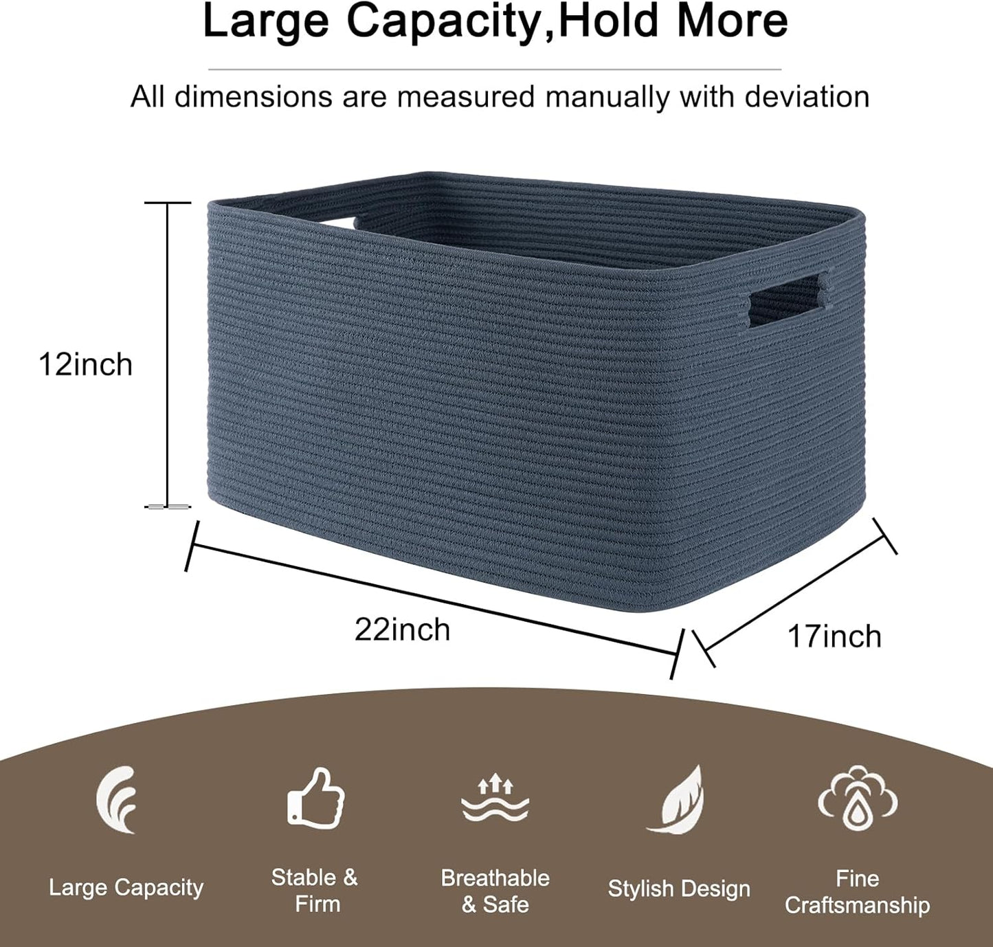 OIAHOMY 75L Large Woven Cotton Rope Storage Basket with Handle for Organizing Blanket and Toys for Living Room, Nursery, Brown Variegated 22”x17”x12”