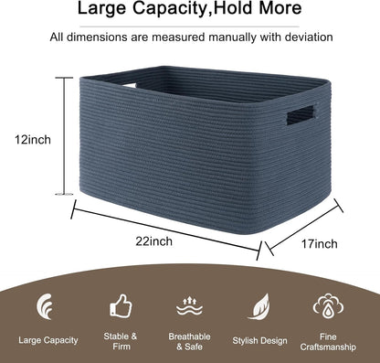 OIAHOMY 75L Large Woven Cotton Rope Storage Basket with Handle for Organizing Blanket and Toys for Living Room, Nursery, Brown Variegated 22”x17”x12”