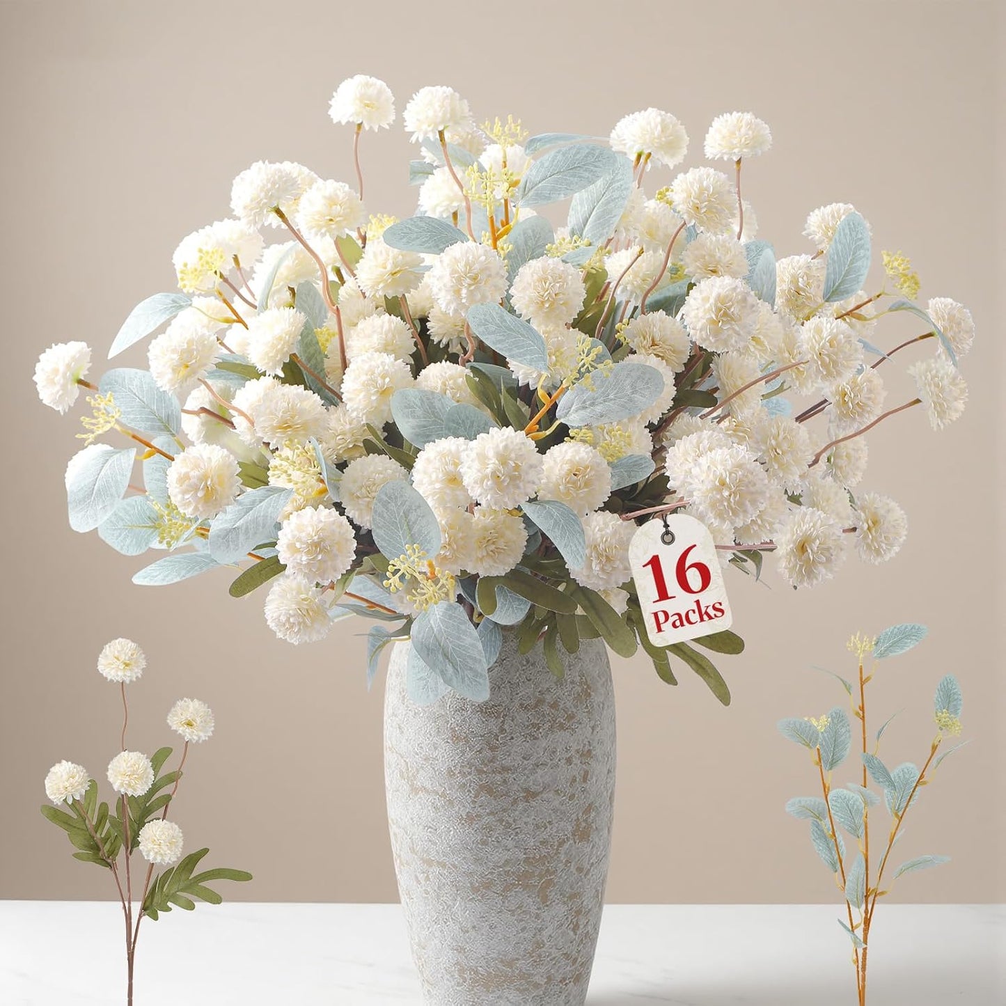 Alupssuc 16PCS Faux Silk Pompon Mums Artificial Flowers with Eucalyptus, Fake Chrysanthemum Floral for DIY Vase Arrangement, Long Stem Dining Table Centerpiece Home Decor, Beige