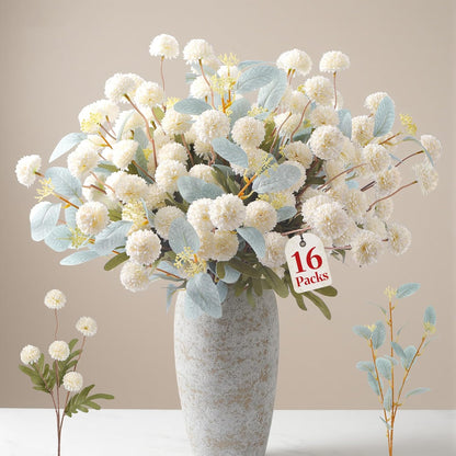Alupssuc 16PCS Faux Silk Pompon Mums Artificial Flowers with Eucalyptus, Fake Chrysanthemum Floral for DIY Vase Arrangement, Long Stem Dining Table Centerpiece Home Decor, Beige