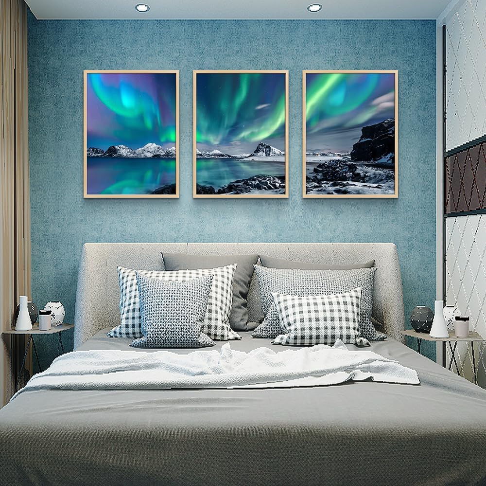 MHARTK66 Wall Art for Bedroom Wall Decor for Living Room Office Decor Abstract Mountain Aurora Landscape Painting 3 Piece Scenic Framed Canvas Art Prints Ready to Hang Kitchen Wall Pictures Home Decor
