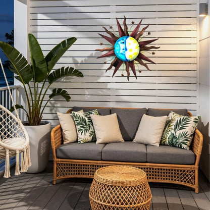 Large Metal Sun Wall Decor Outdoor, 27 Inch Sun and Moon Decor Metal Wall Art, 3D Sun Wall Decor for Patio Garden Yard Fence Bedroom Living Room Decoration
