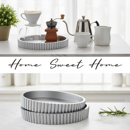 Modern Table Round Decorative Trays 2pcs Home Decor - Circle Coffee Table Centerpiece Set 12"/10" - Wooden Cool Grey Ottoman Tray with Fluted Edge