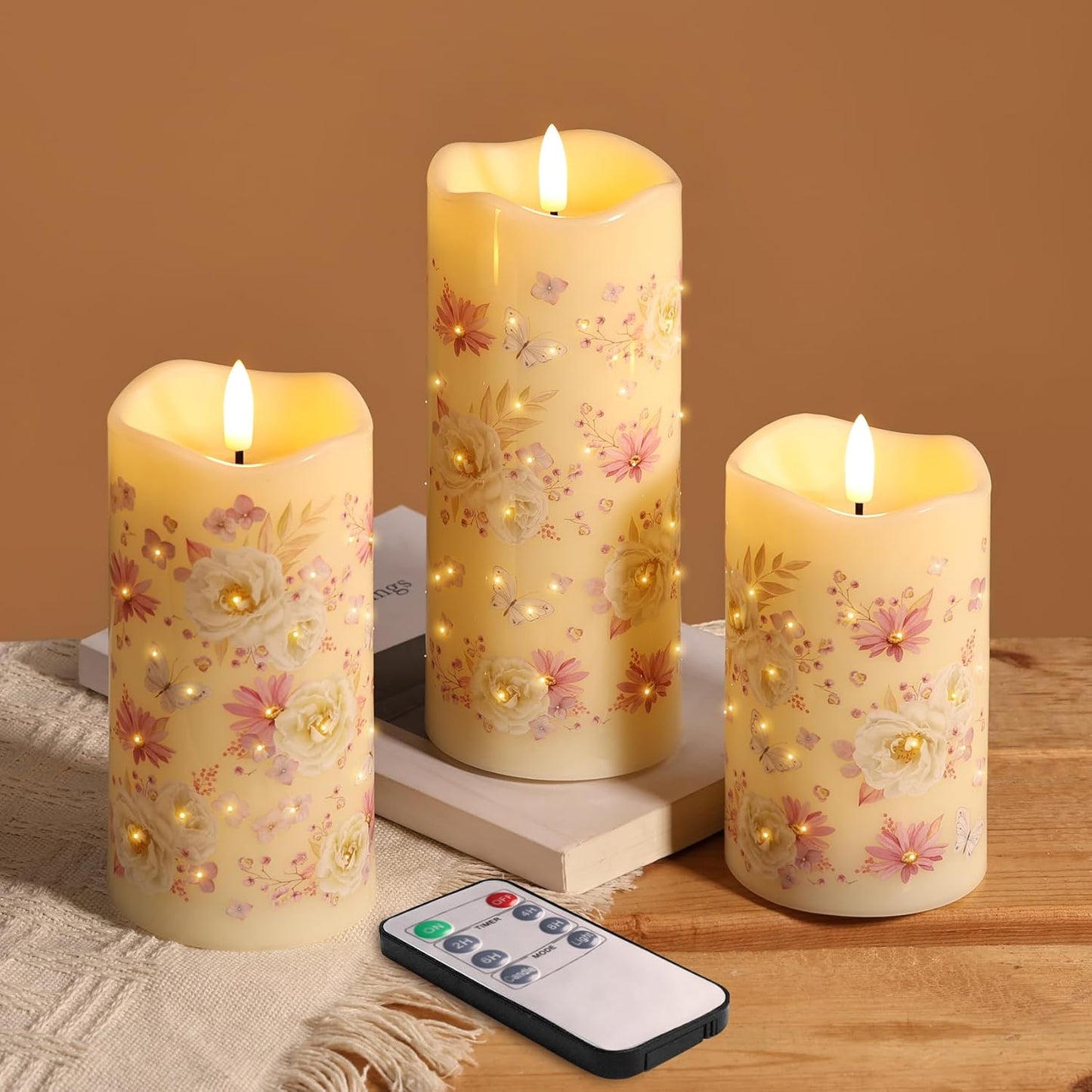 Eywamage Fiber Optic Flameless Pillar Candles with Remote Set of 3, Butterfly Floral Spring LED Candles Battery Operated Gift Φ 3" H 6"