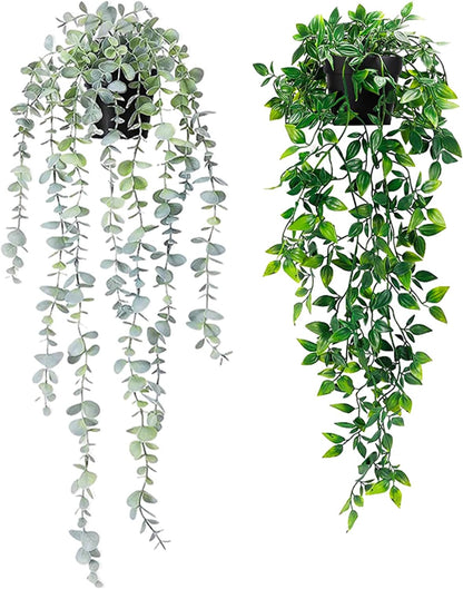 Clearain 1pcs Fake Hanging Plants, Artificial Small Potted Plants, Mini Faux Succulent Plant for Indoor Outdoor Aesthetic Office Living Room Shelf Home Decor (Eucalyptus leaves-1pcs)