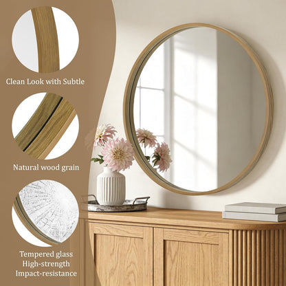 WallBeyond Wood Round Mirror with Wood Frame 24 inch Circle Wall Mirror for Bathroom Round Wall Mirror for Wall Decor, Vanity, Entryway Living Room (Walnut)
