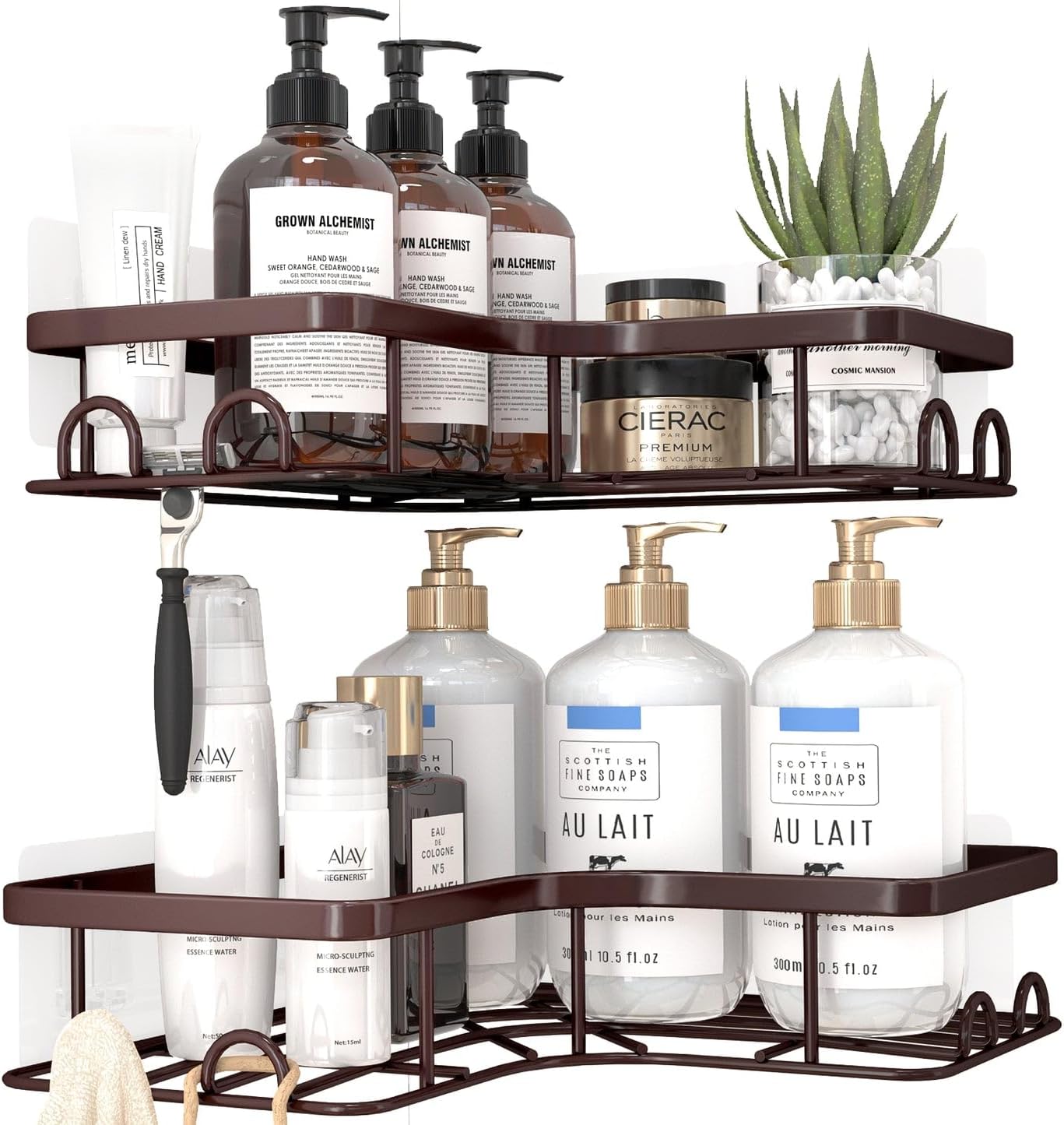 Sakugi Corner Shower Caddy - 2 Pack, Adhesive Shower Organizers, Rustproof Stainless Steel Shower Shelves with 8 Hooks, No Drilling Bathroom Organizers and Storage Racks, Space-Saving, Black, Medium