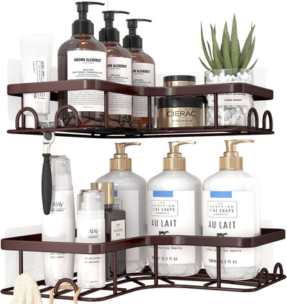 Sakugi Corner Shower Caddy - 2 Pack, Adhesive Shower Organizers, Rustproof Stainless Steel Shower Shelves with 8 Hooks, No Drilling Bathroom Organizers and Storage Racks, Space-Saving, Black, Medium