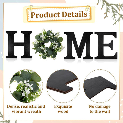 Wood Home Sign with Artificial Eucalyptus Wreath for O, Farmhouse Wall Home Sign Rustic Wooden Hanging Letters Decorative Wall Art Decor for Living Room Kitchen Housewarming Couple Gifts