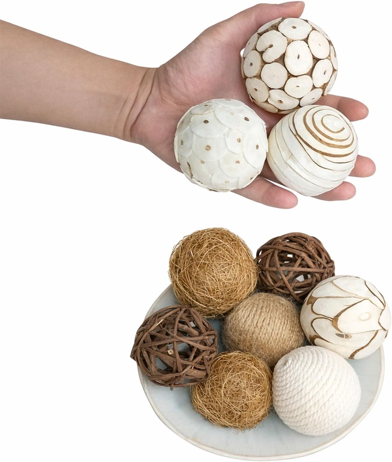 6pcs Decorative Balls for Bowl Centerpiece, 2.4 Inch Orbs Spheres Decor Balls Rattan Wicker Balls for Bowl Fillers, DIY Home Vase Table Decor