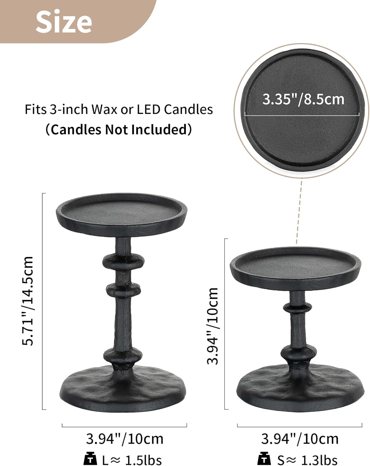 NUPTIO Gold Candle Holders for Pillar: Antique Brass Cast Iron Candleholder for 3 Inch Pillars -Heavy Metal Candle Stand for Christmas Party Table Decor