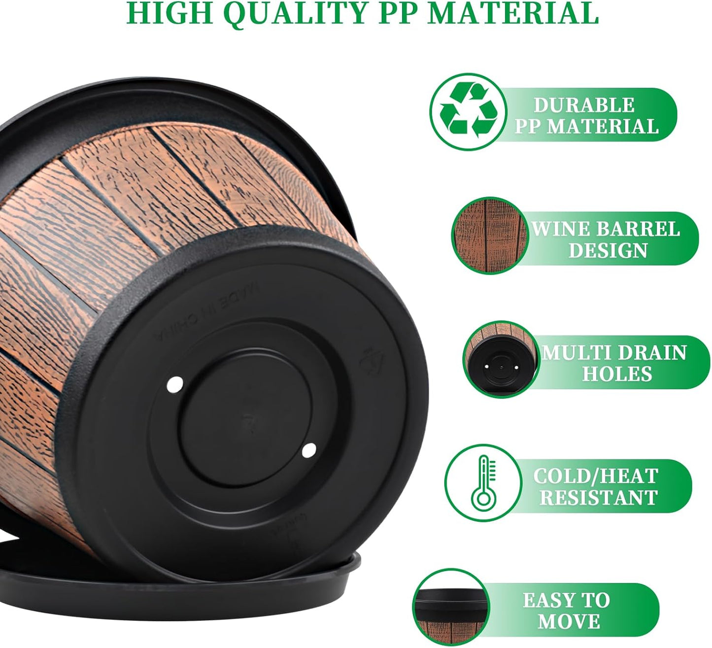 Quarut 4 Pack 10 inch Plant Pots,Upgrade Whiskey Barrel Planters with Drainage Holes & Saucer,Plastic Decoration Flower Pots Retro Design,Planters for Outdoor Indoor Garden Home Plants (Brown)